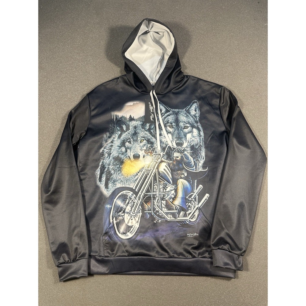 Jays Rock Sofari Collection Motorcycle Rider/Wolf Graphic Large Hoodie